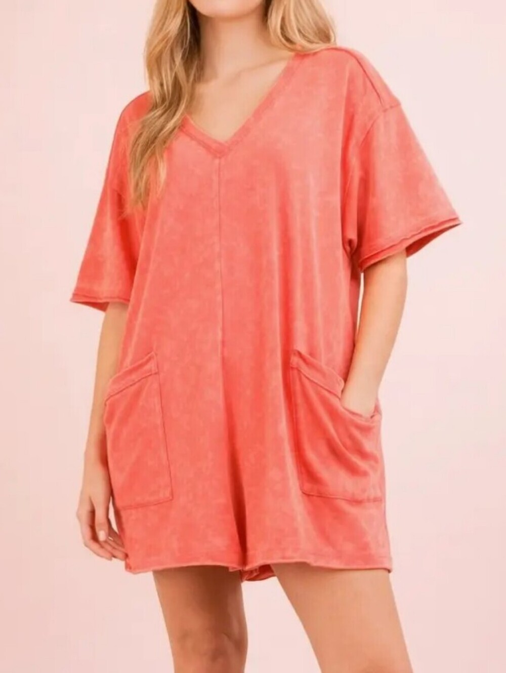 Coral V-Neck Acid Wash Romper with Pockets